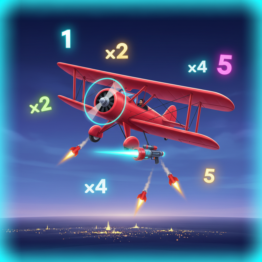 Aviamasters 2 active flight: red biplane flying through the sky with glowing numbers 1, 2, 5, 10 and multipliers x2, x4, x5, red rockets and a laser gun booster, city silhouette below