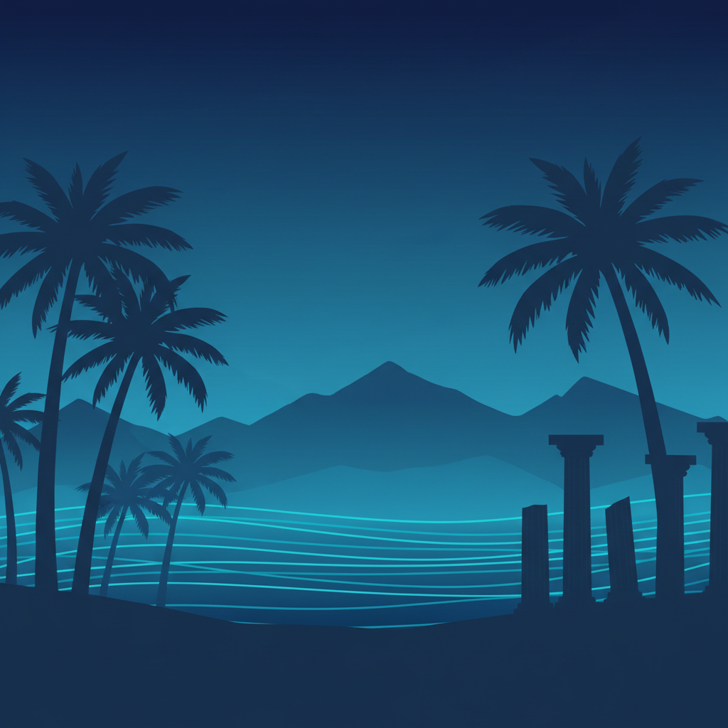 Aviamasters 2 background silhouettes: jagged mountain ridges, palm-tree silhouettes and ancient column ruins in dark blue-grey, a shade or two darker than the main background
