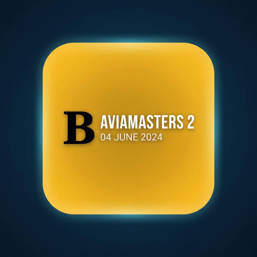Aviamasters 2 BGaming icon in the top-left corner: small square with rounded corners in saturated egg-yolk yellow, thick black letter B in a serif typeface, with AVIAMASTERS 2 in white text and the system time beneath