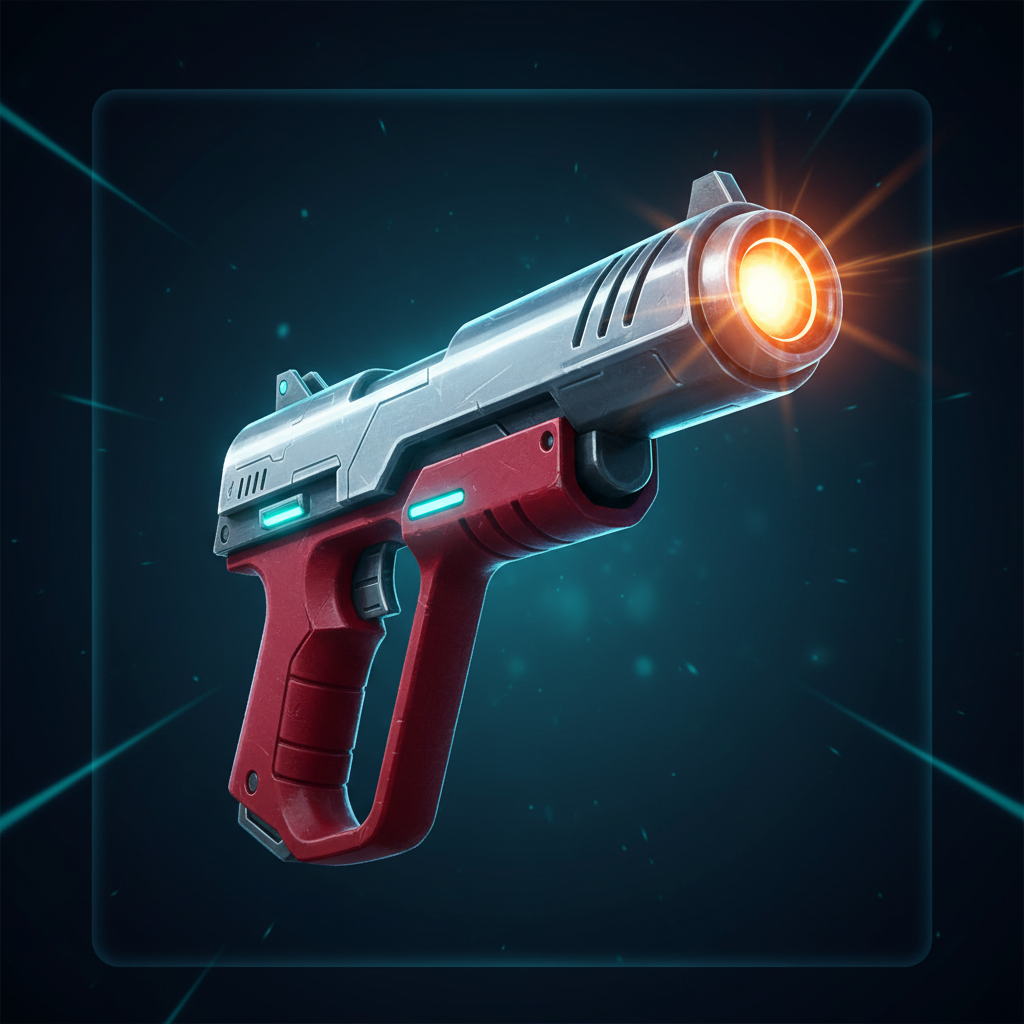 Aviamasters 2 laser gun booster: compact futuristic pistol with a silver-chrome barrel, red grip and orange glowing sight at the tip