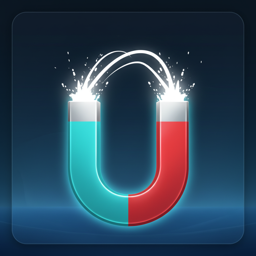 Aviamasters 2 magnet booster: classic horseshoe shape with a turquoise left arm, red right arm and silver-grey centre, white magnetic sparks at the tips