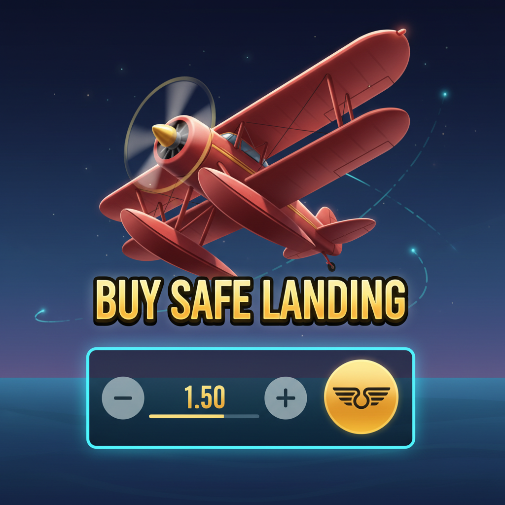 Aviamasters 2 Buy Safe Landing pop-up: large red biplane with spinning propeller and water skis from a dramatic angle, text BUY SAFE LANDING in orange 3D lettering, stake selector with minus/plus buttons and a gold ACTIVATE button