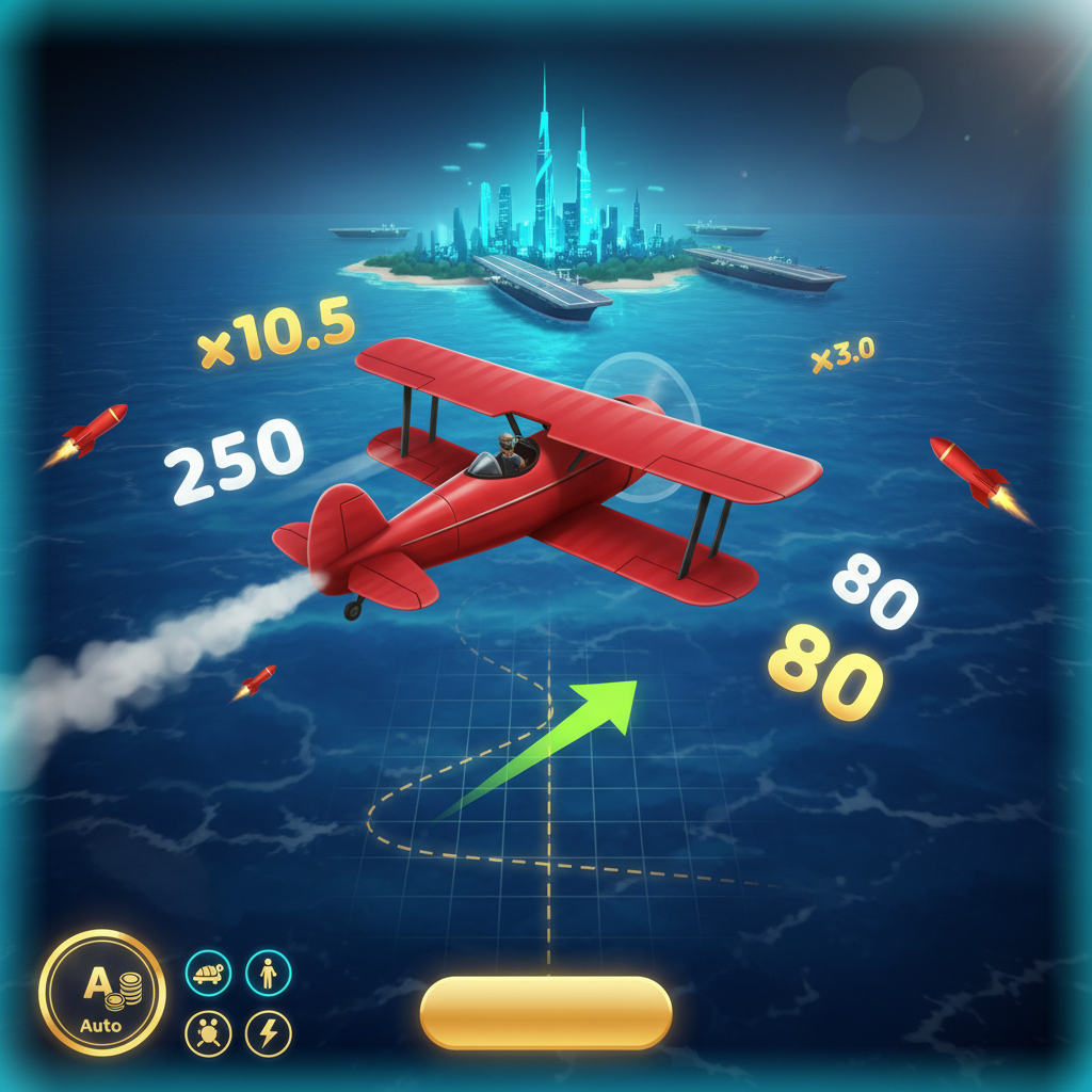 Aviamasters 2 main screen: red biplane flying over the ocean with multipliers, numbers and rockets on screen, city skyline silhouette in the background