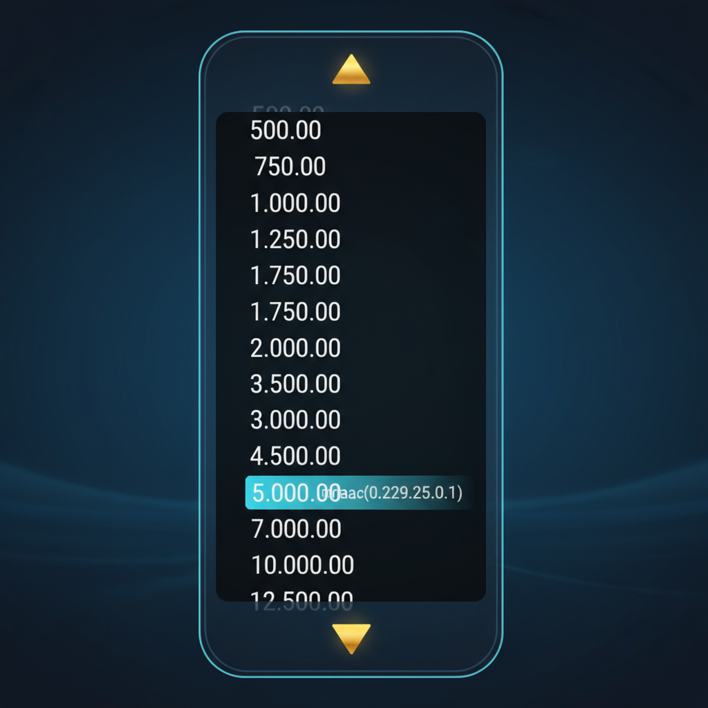 Aviamasters 2 stake dropdown menu, high range: black list with values from 500.00 to 12,500.00 with scroll arrows top and bottom
