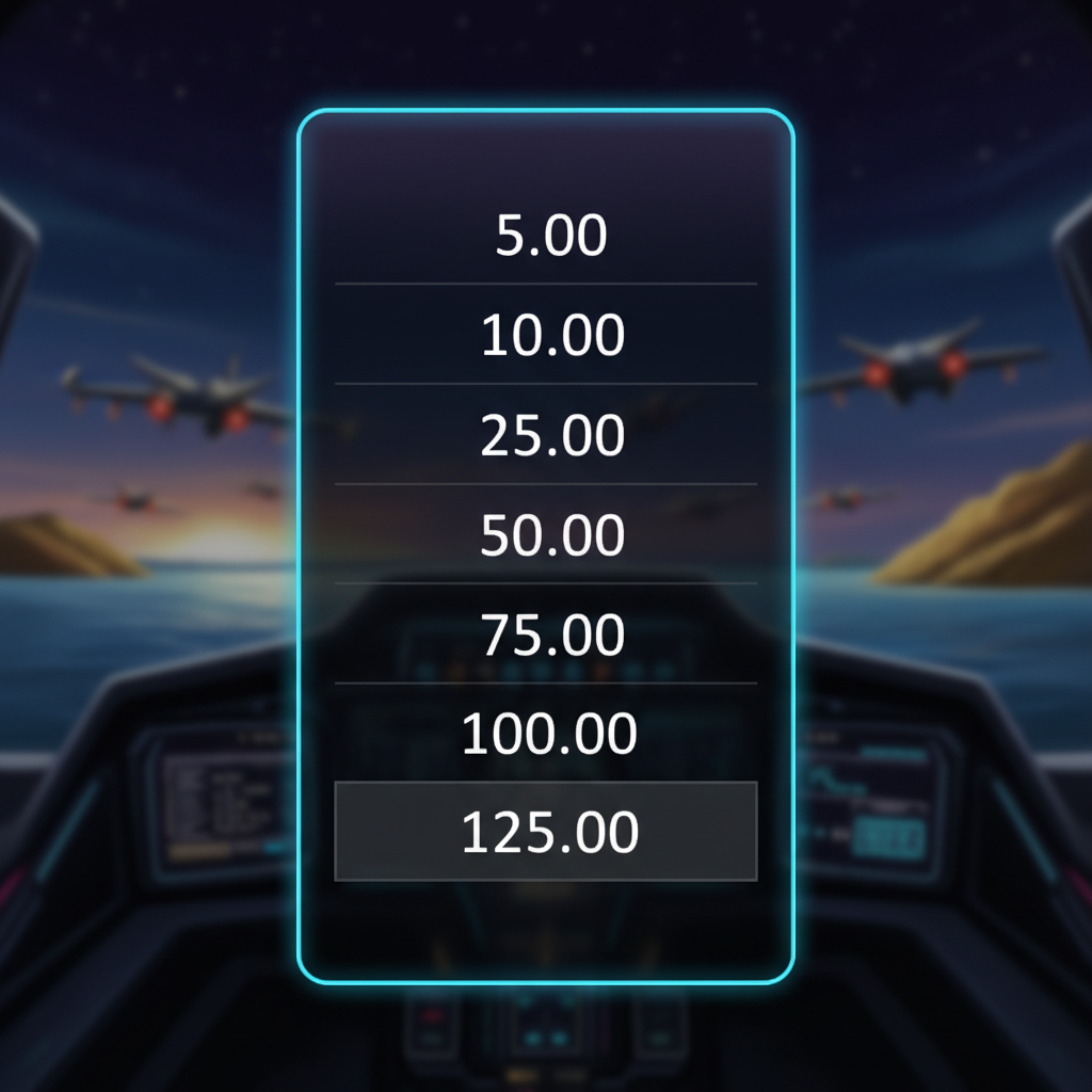 Aviamasters 2 stake dropdown menu, low range: black vertical list with white values 5.00, 10.00, 15.00, 25.00, 50.00, 75.00, 100.00, 125.00 — selected value 125.00 has a dark-grey background