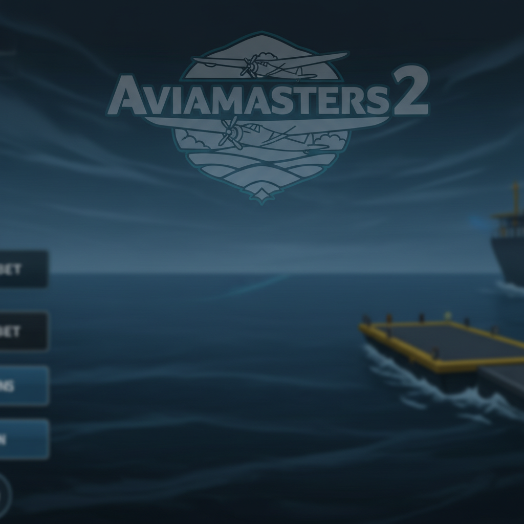 Aviamasters 2 logo as a watermark: all elements retain their shape but are rendered in monochrome grey-blue at 30–40% opacity, like a faded stamp at the top of the game screen