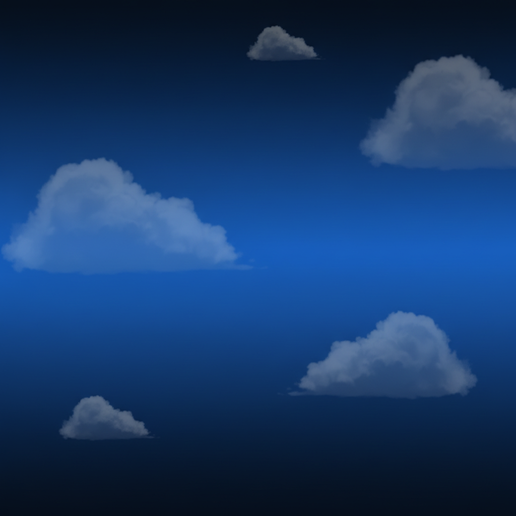 Aviamasters 2 sky background: gradient from very dark midnight blue at the top through saturated royal blue in the middle to dark navy at the bottom, with 5–7 soft grey-blue semi-transparent cumulus clouds scattered across
