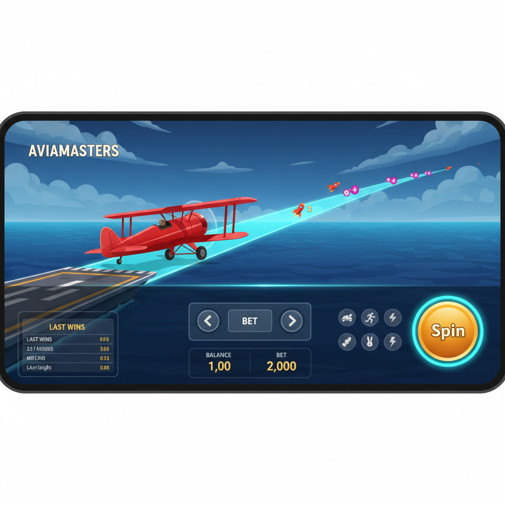 Aviamasters 2 on a mobile device in landscape orientation: full game screen with the red biplane on the runway, all controls clearly legible, Spin button on the right, statistics panel along the bottom, balance and stake in the bottom bar
