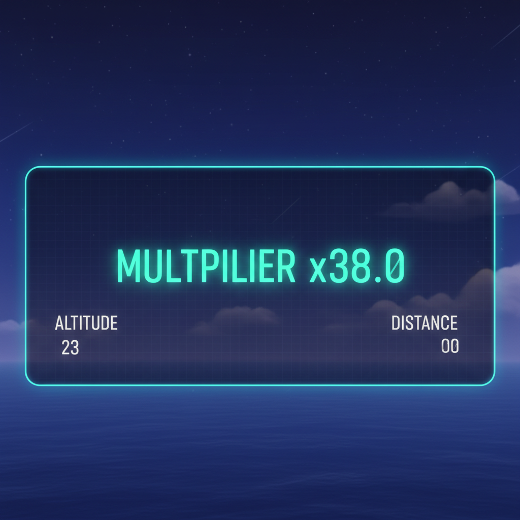 Aviamasters 2 statistics panel detail: MULTIPLIER x38.0 in vivid turquoise-green neon, noticeably brighter than the white ALTITUDE and DISTANCE values