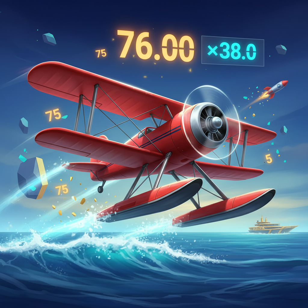 Aviamasters 2 close-up: orange-yellow figure 76.00 FUN hovering above the red biplane with water skis during an active flight at x38.0 multiplier