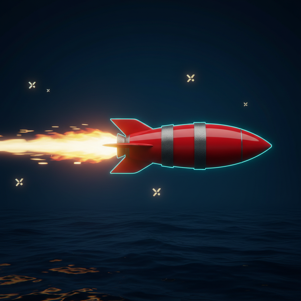 Aviamasters 2 red rocket with a steel-grey band and yellow-white flame trail, flying horizontally from right to left