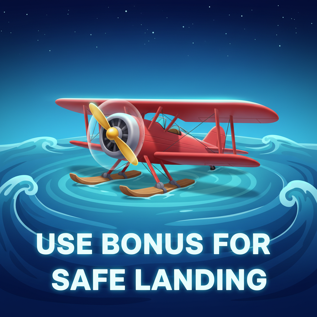 Aviamasters 2 tutorial screen 3: red biplane with golden-yellow propeller resting on the ocean with water skis, turquoise waves all around, text USE BONUS FOR SAFE LANDING