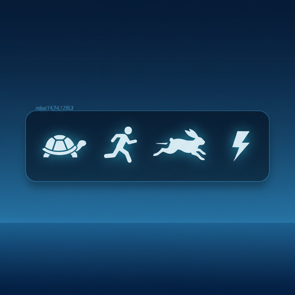 Aviamasters 2 four speed icons in white on the status bar: turtle silhouette with dome-shaped shell, walking person with legs apart, running hare with long ears, and zigzag lightning bolt — from slowest to fastest
