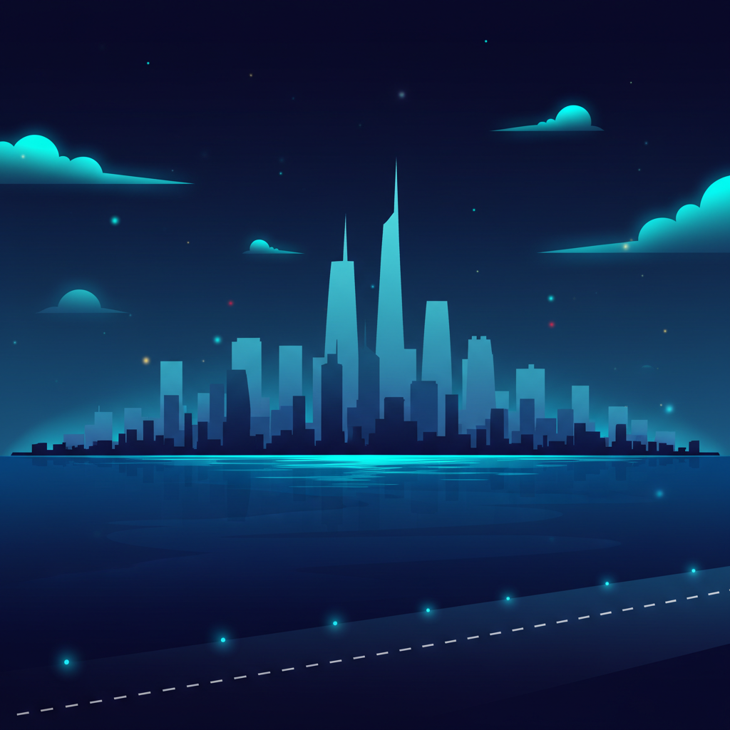 Aviamasters 2 city silhouette during flight: outlines of skyscrapers and spires in mid-blue across two layers, closer ones darker and distant ones lighter, set against the dark-blue ocean