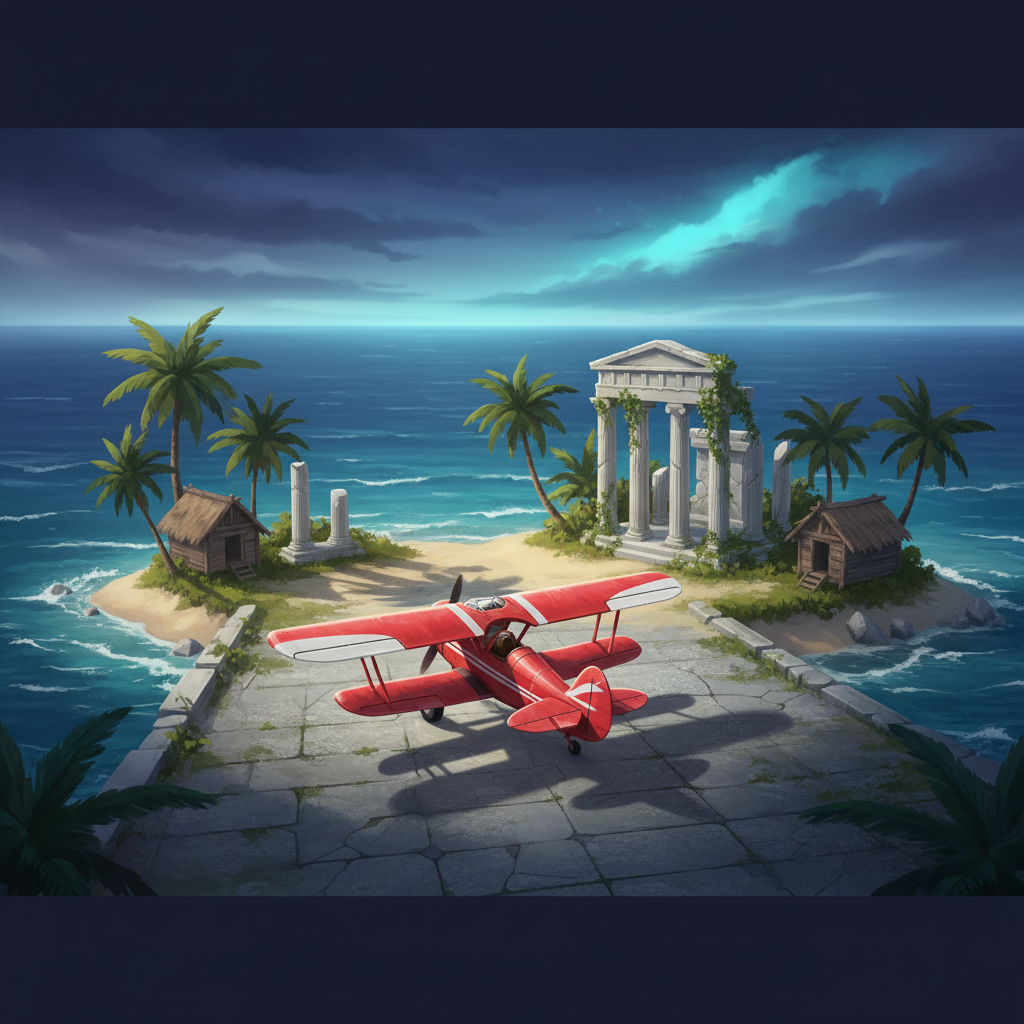 Aviamasters 2 pre-flight screen: red biplane on a grey runway beside a tropical island with palm trees, huts and Greek ruins, ocean in the background