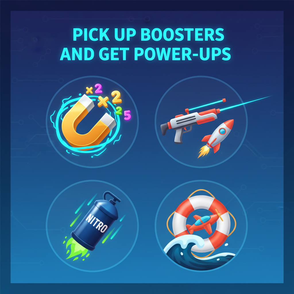 Aviamasters 2 tutorial screen 2: four boosters in a 2x2 grid — magnet top-left, laser gun top-right, nitro bottom-left, life buoy bottom-right — with the text PICK UP BOOSTERS AND GET POWER-UPS