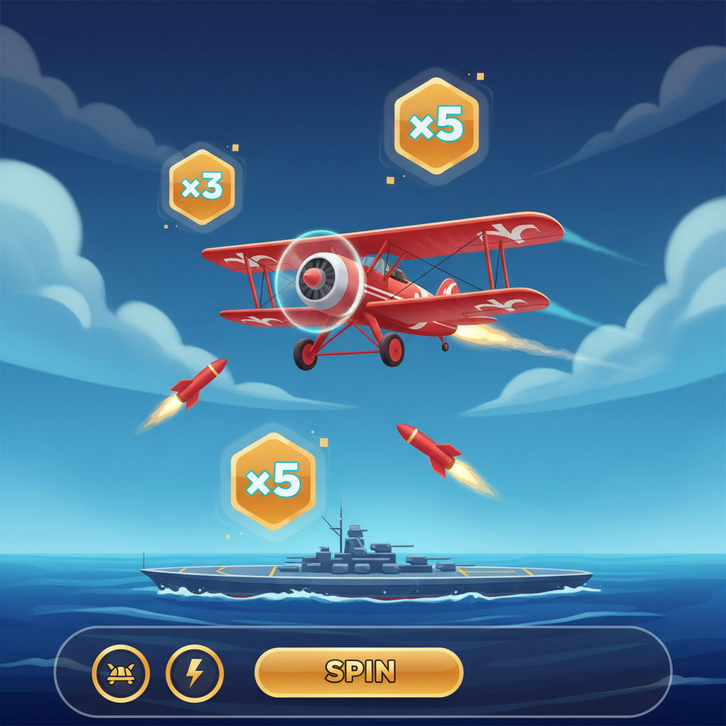 Aviamasters 2 tutorial screen 1: red biplane with x3 and x5 multipliers and two red rockets against a dark-blue night sky with clouds
