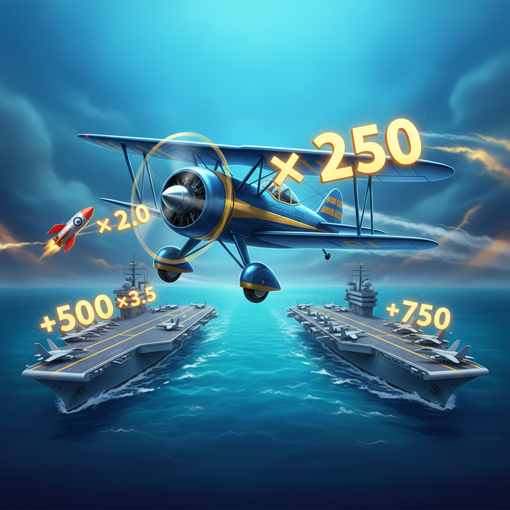 Aviamasters 2 – vliegtuig vliegt tussen twee vliegdekschepen en verzamelt vermenigvuldigers, nummers en raketten in de crash game van BGaming
